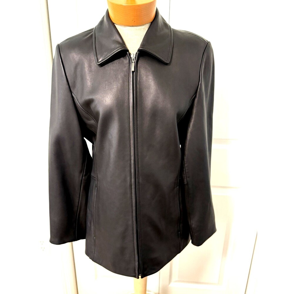 Liz Claiborne Size M Y2K Black Leather Jacket Zip Closure Collar